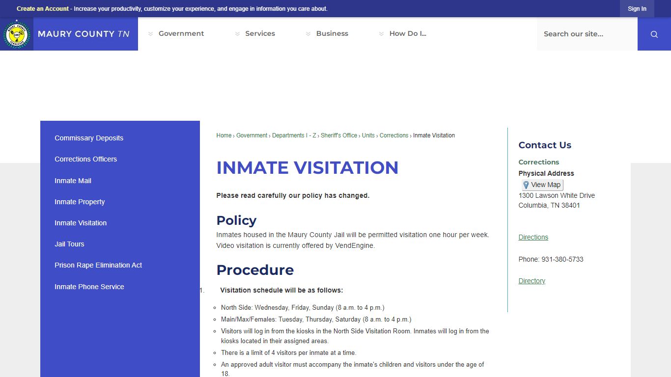 Inmate Visitation | Maury County, TN
